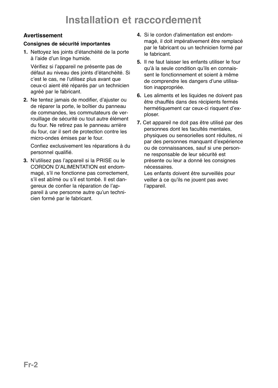 Installation et raccordement, Fr-2 | Panasonic NNE251 User Manual | Page 40 / 194