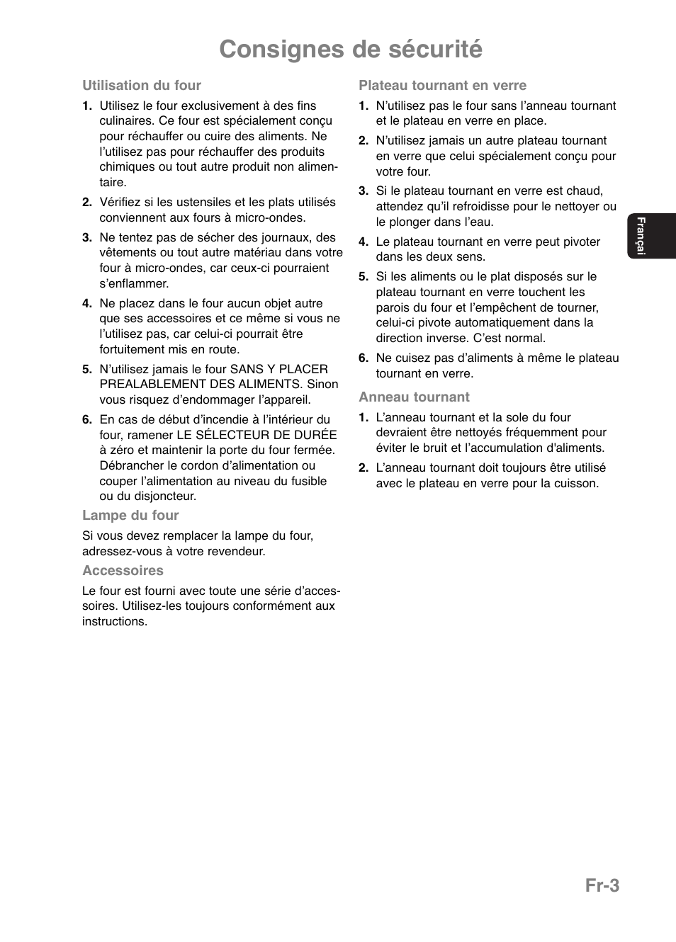 Consignes de sécurité, Fr-3 | Panasonic NNE251 User Manual | Page 41 / 194