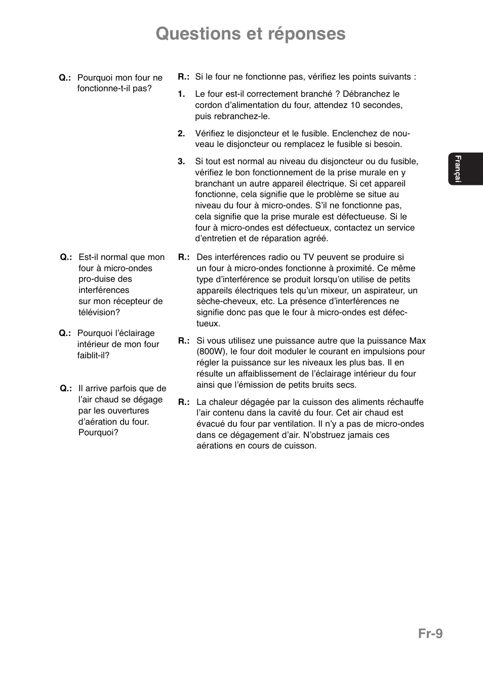 Questions et réponses, Fr-9 | Panasonic NNE251 User Manual | Page 47 / 194