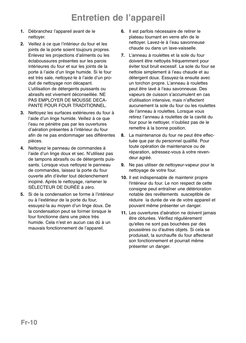 Entretien de l’appareil, Fr-10 | Panasonic NNE251 User Manual | Page 48 / 194