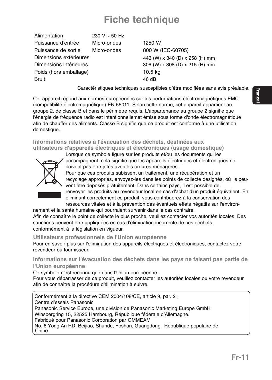 Fiche technique, Fr-11 | Panasonic NNE251 User Manual | Page 49 / 194
