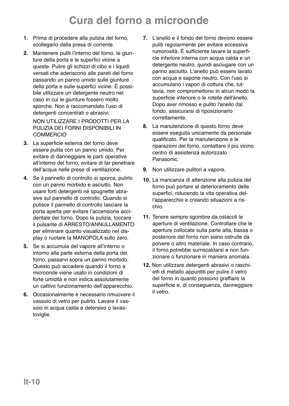 Cura del forno a microonde, It-10 | Panasonic NNE251 User Manual | Page 60 / 194
