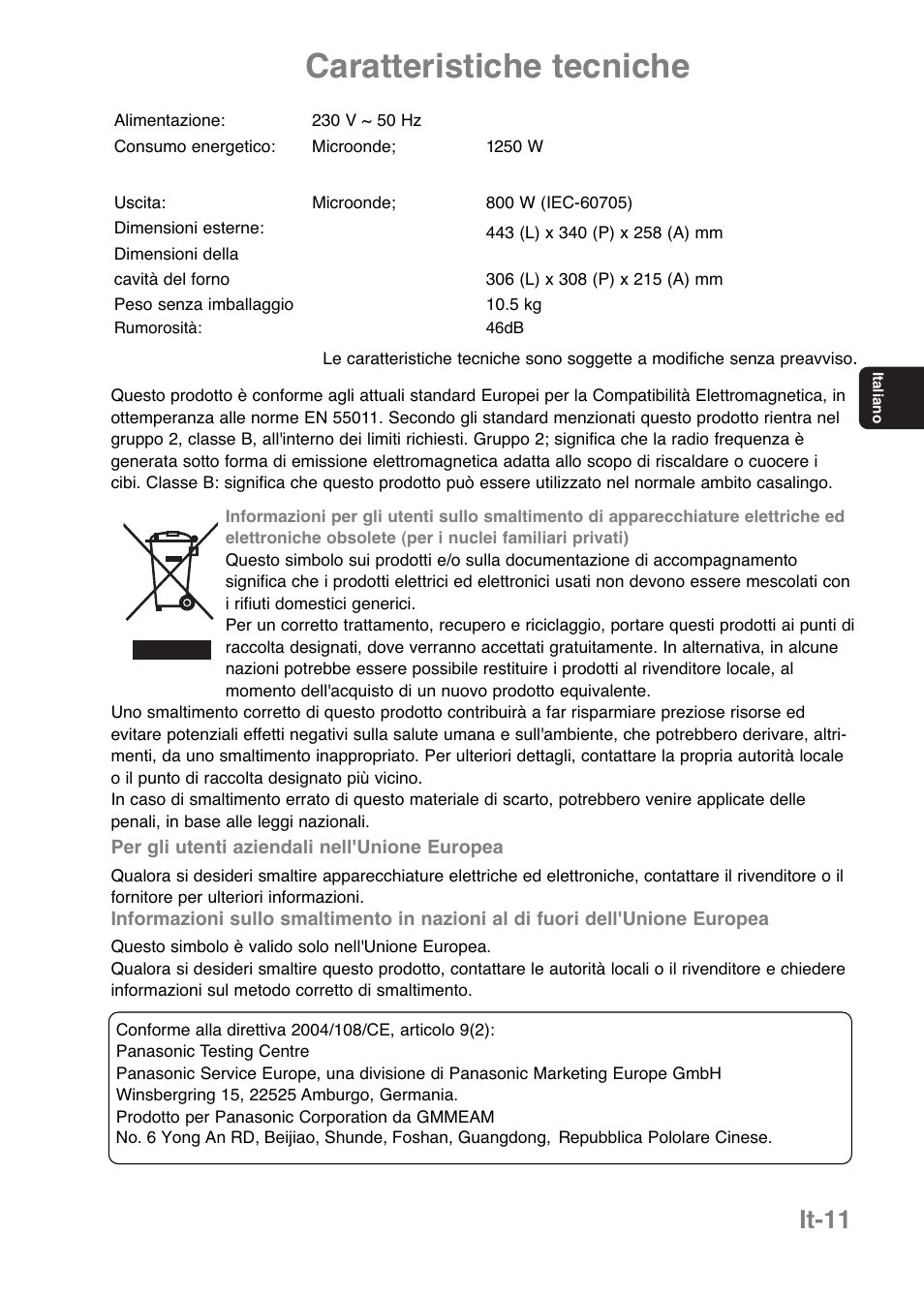 Caratteristiche tecniche, It-11 | Panasonic NNE251 User Manual | Page 61 / 194