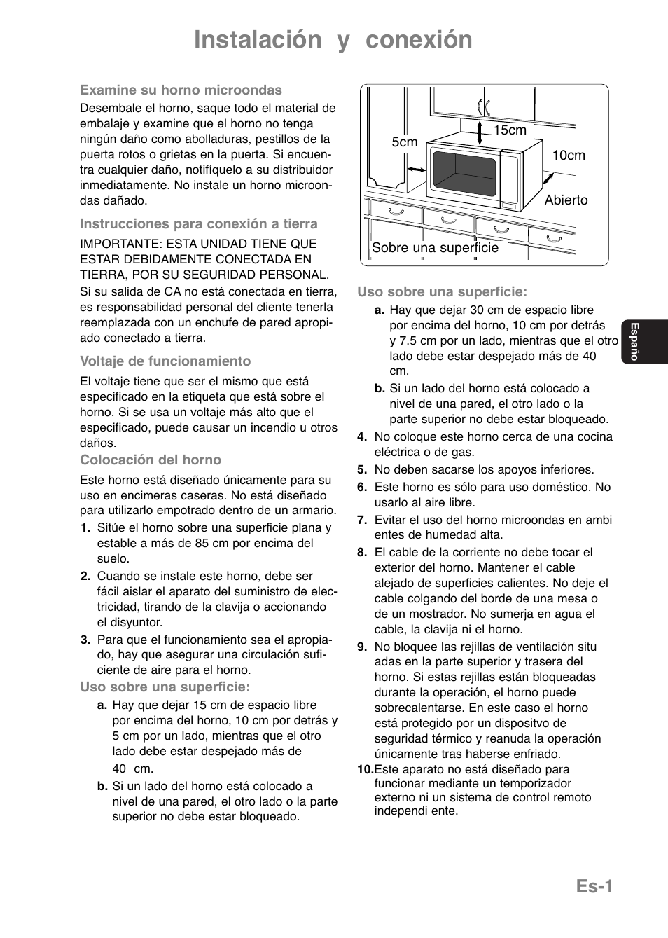Instalación y conexión, Es-1 | Panasonic NNE251 User Manual | Page 63 / 194