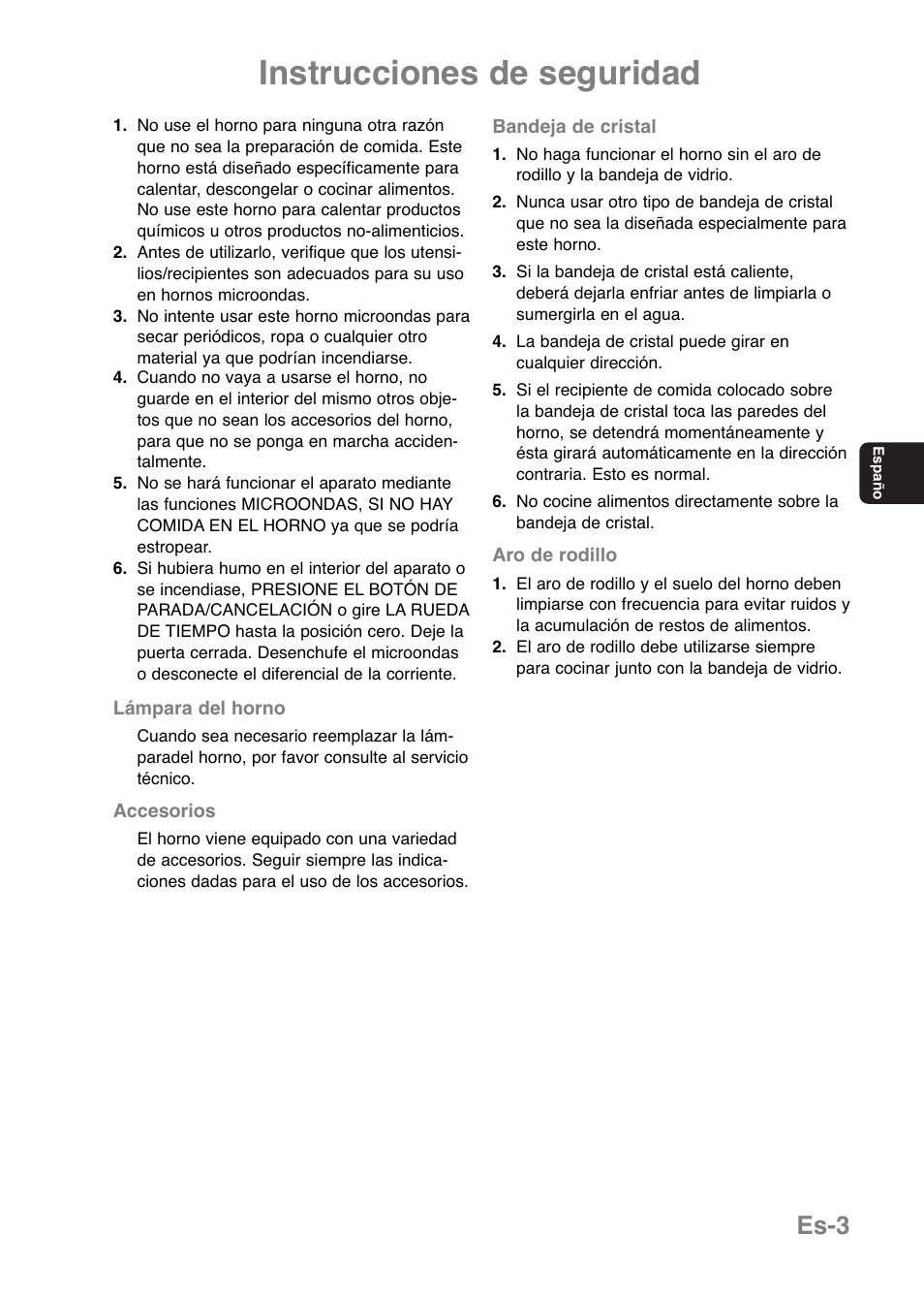 Instrucciones de seguridad, Es-3 | Panasonic NNE251 User Manual | Page 65 / 194