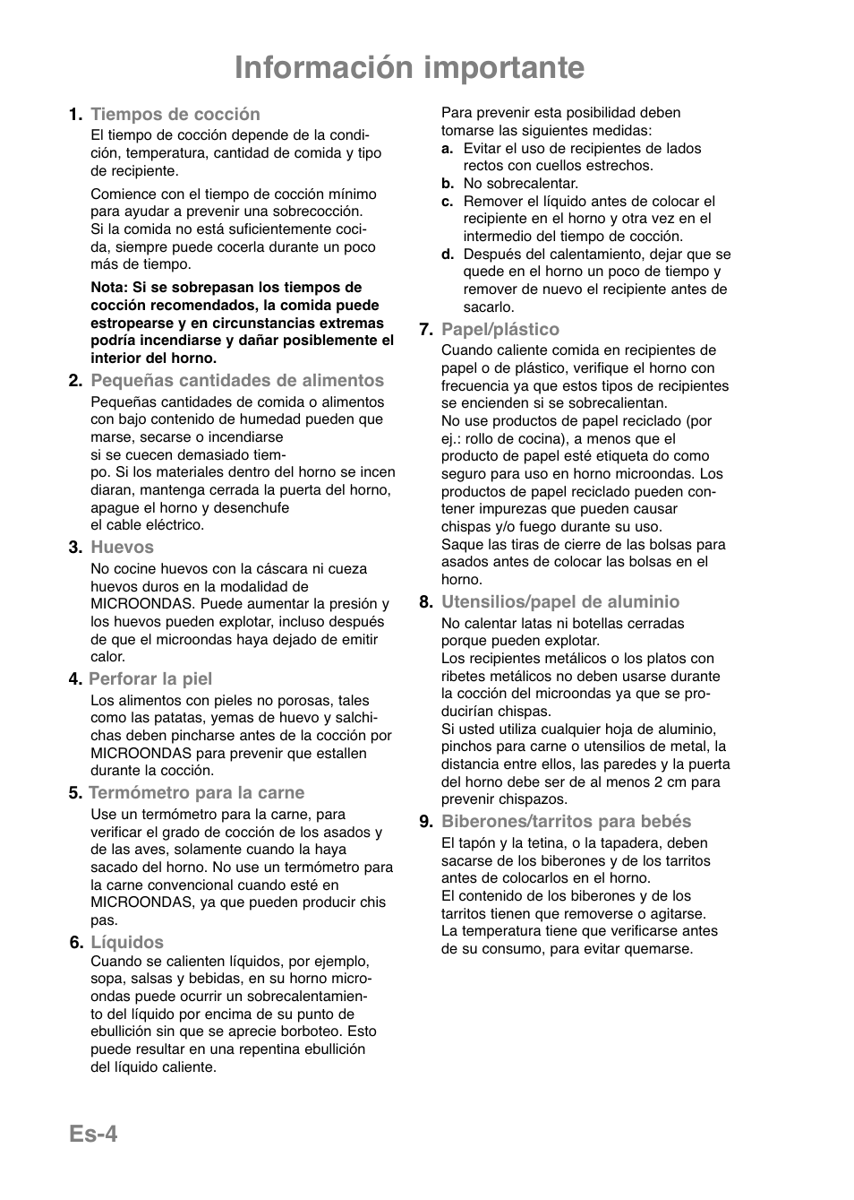 Información importante, Es-4 | Panasonic NNE251 User Manual | Page 66 / 194