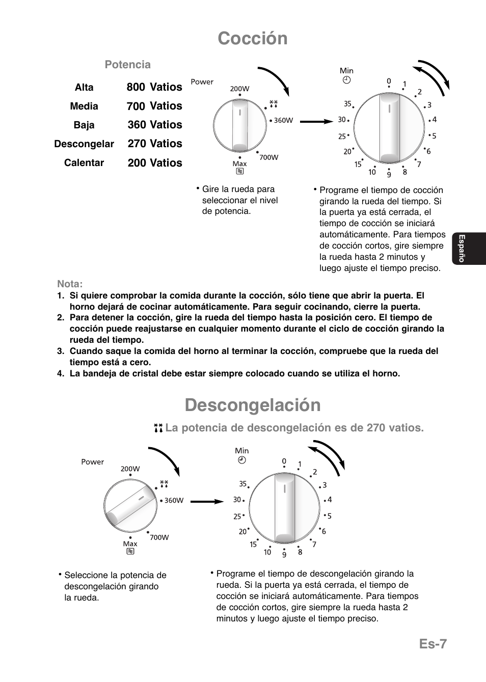 Cocción, Descongelación, Es-7 | Panasonic NNE251 User Manual | Page 69 / 194