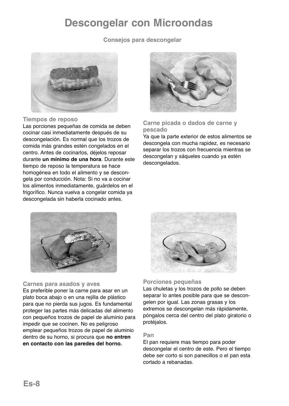 Descongelar con microondas, Es-8 | Panasonic NNE251 User Manual | Page 70 / 194