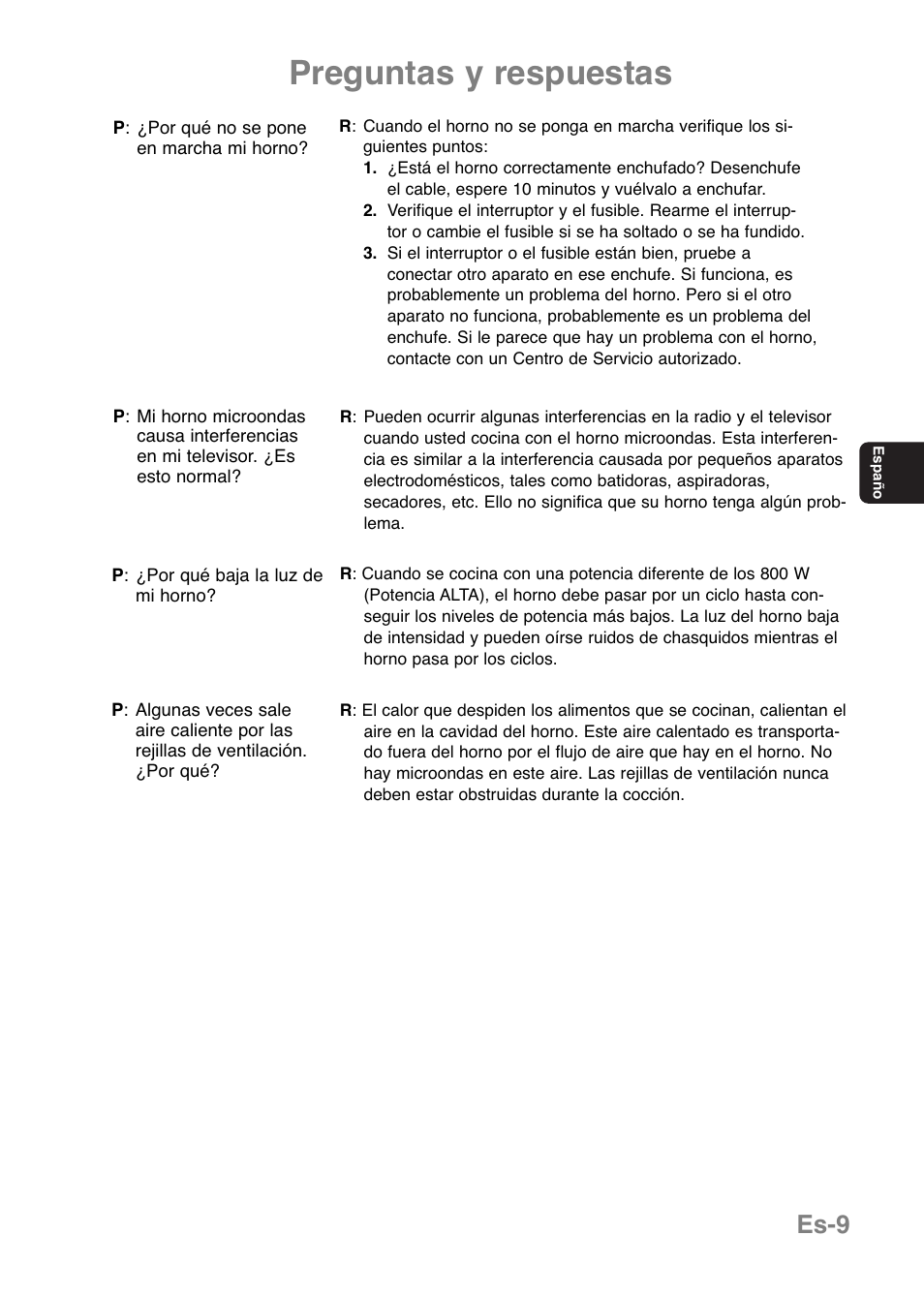 Preguntas y respuestas, Es-9 | Panasonic NNE251 User Manual | Page 71 / 194