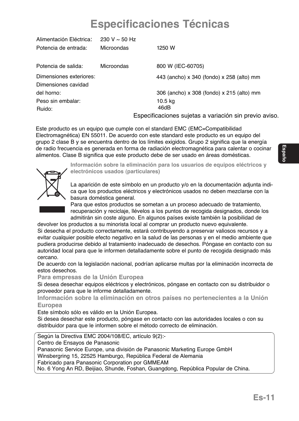 Especificaciones técnicas, Es-11 | Panasonic NNE251 User Manual | Page 73 / 194