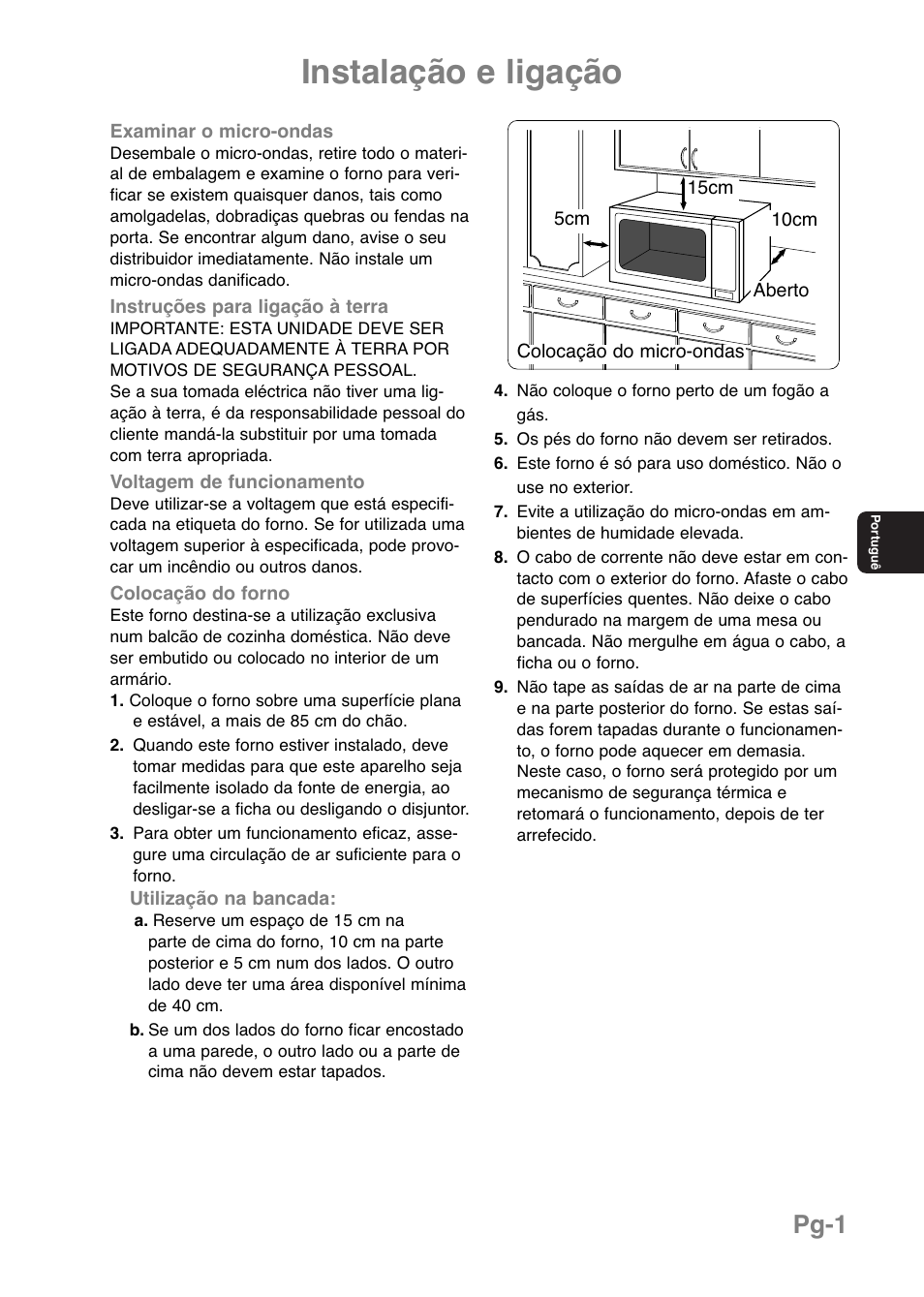 Instalação e ligação, Pg-1 | Panasonic NNE251 User Manual | Page 75 / 194