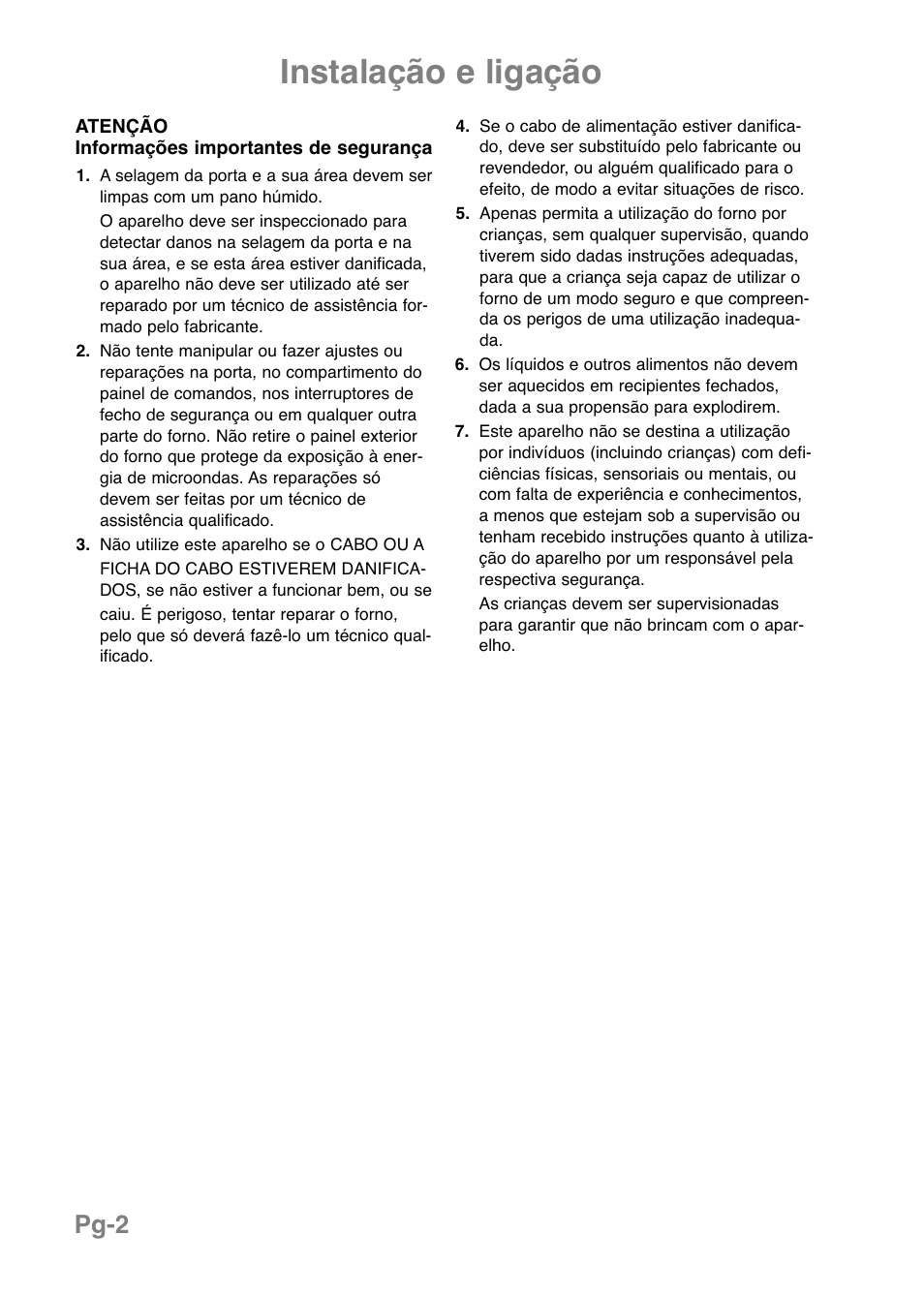 Instalação e ligação, Pg-2 | Panasonic NNE251 User Manual | Page 76 / 194
