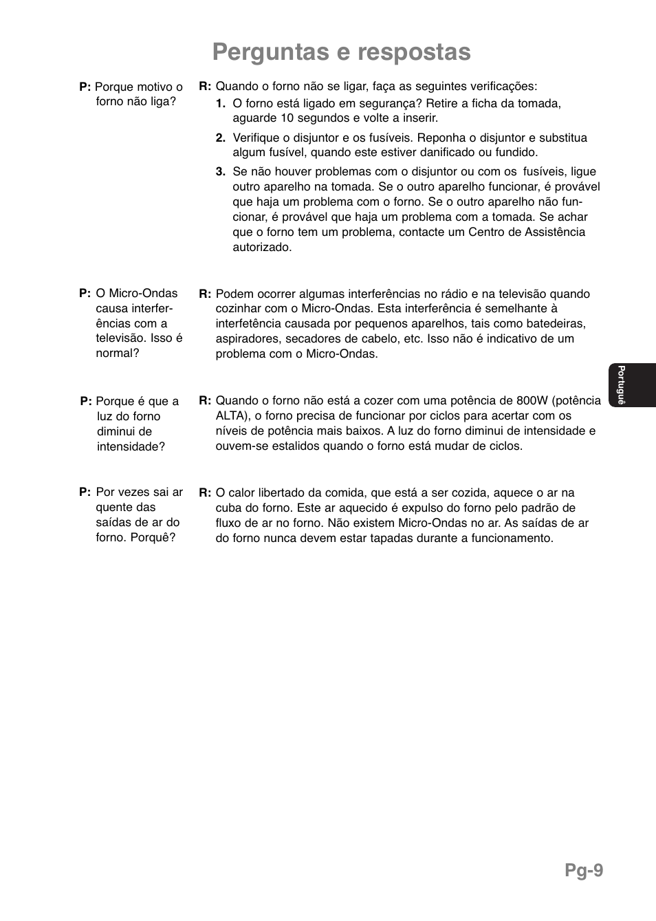 Perguntas e respostas, Pg-9 | Panasonic NNE251 User Manual | Page 83 / 194