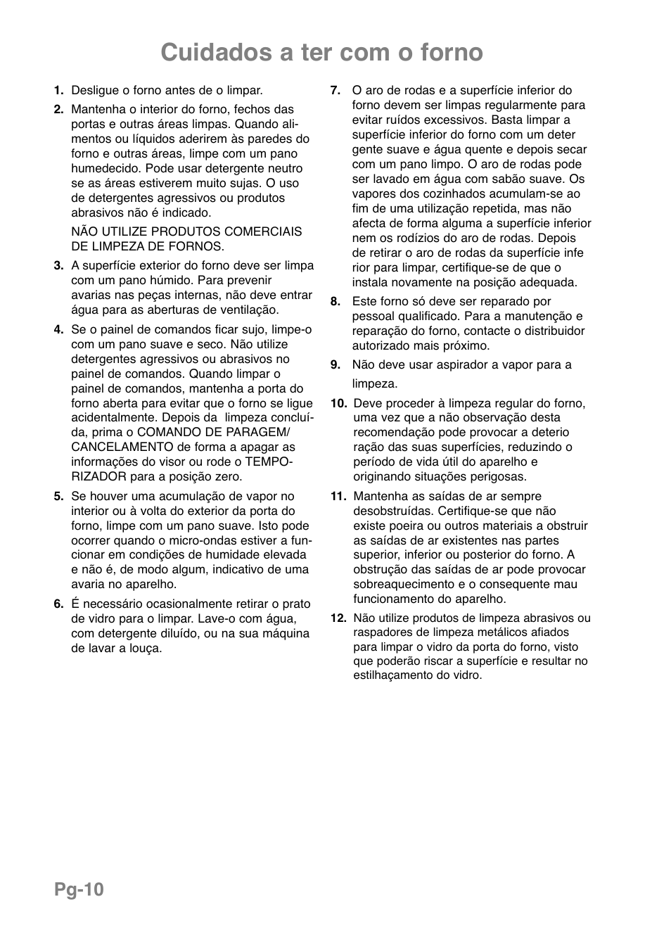 Cuidados a ter com o forno, Pg-10 | Panasonic NNE251 User Manual | Page 84 / 194