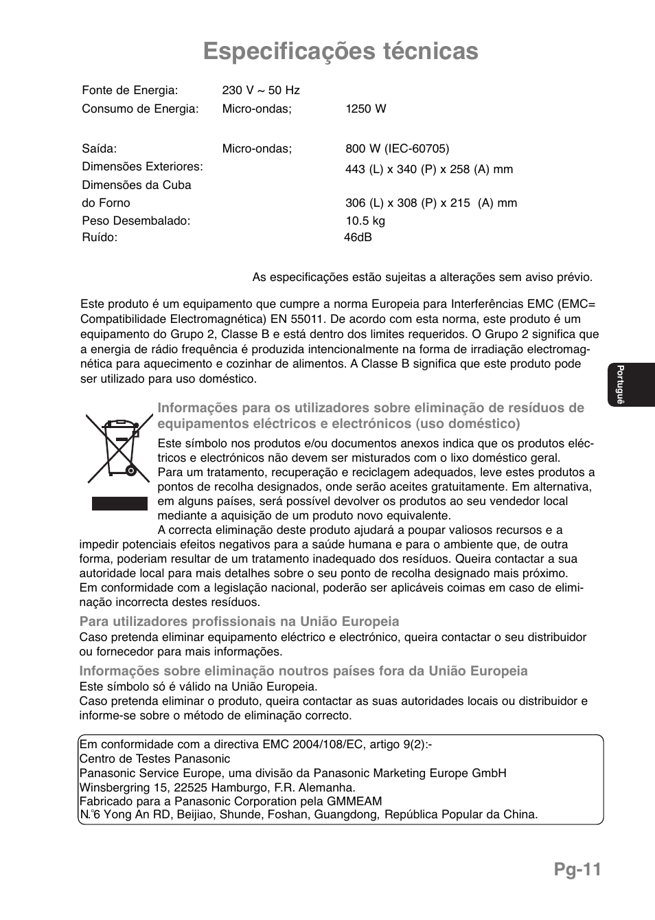 Especificações técnicas, Pg-11 | Panasonic NNE251 User Manual | Page 85 / 194