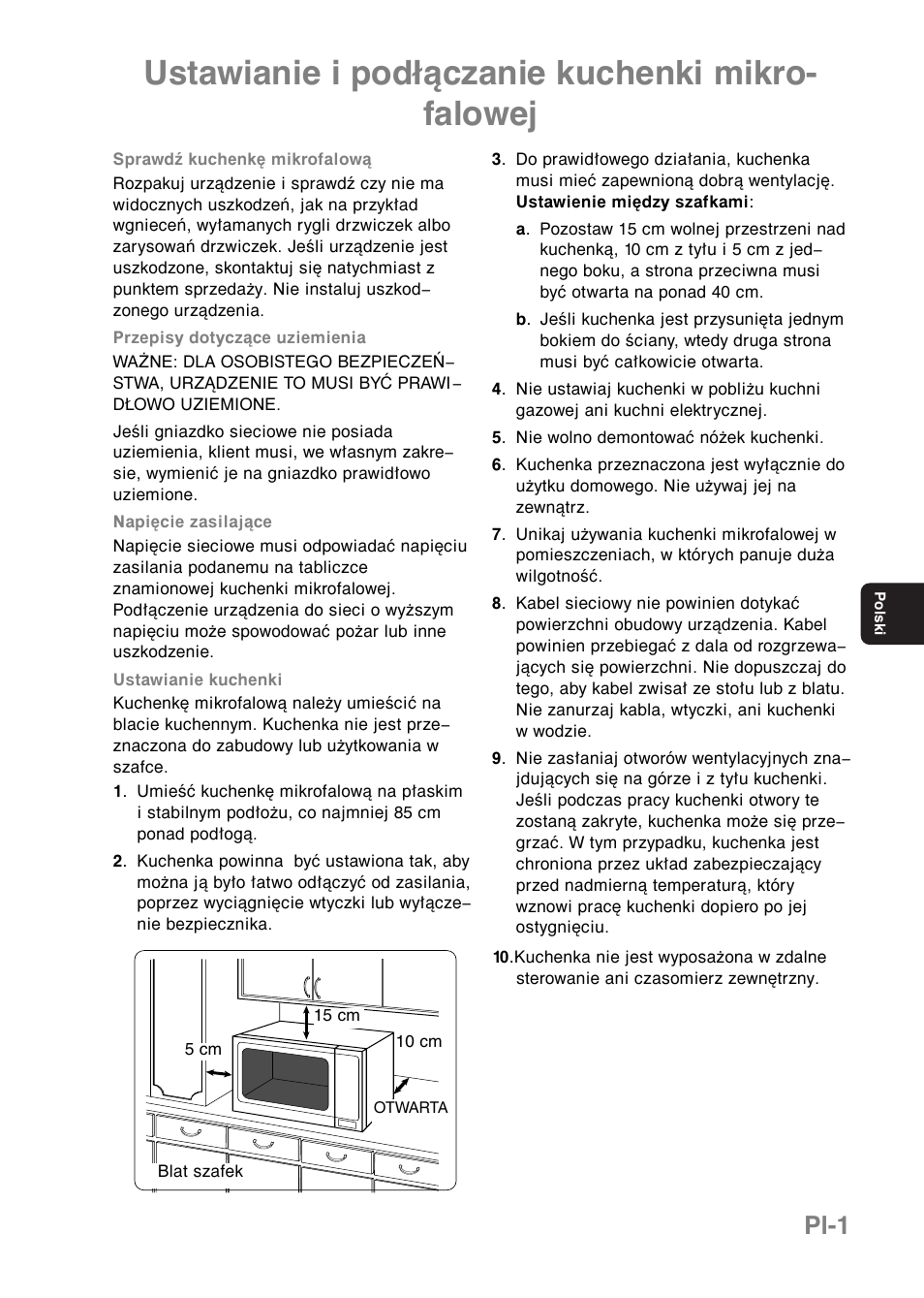 Ustawianie i podłączanie kuchenki mikro- falowej, Pl-1 | Panasonic NNE251 User Manual | Page 87 / 194