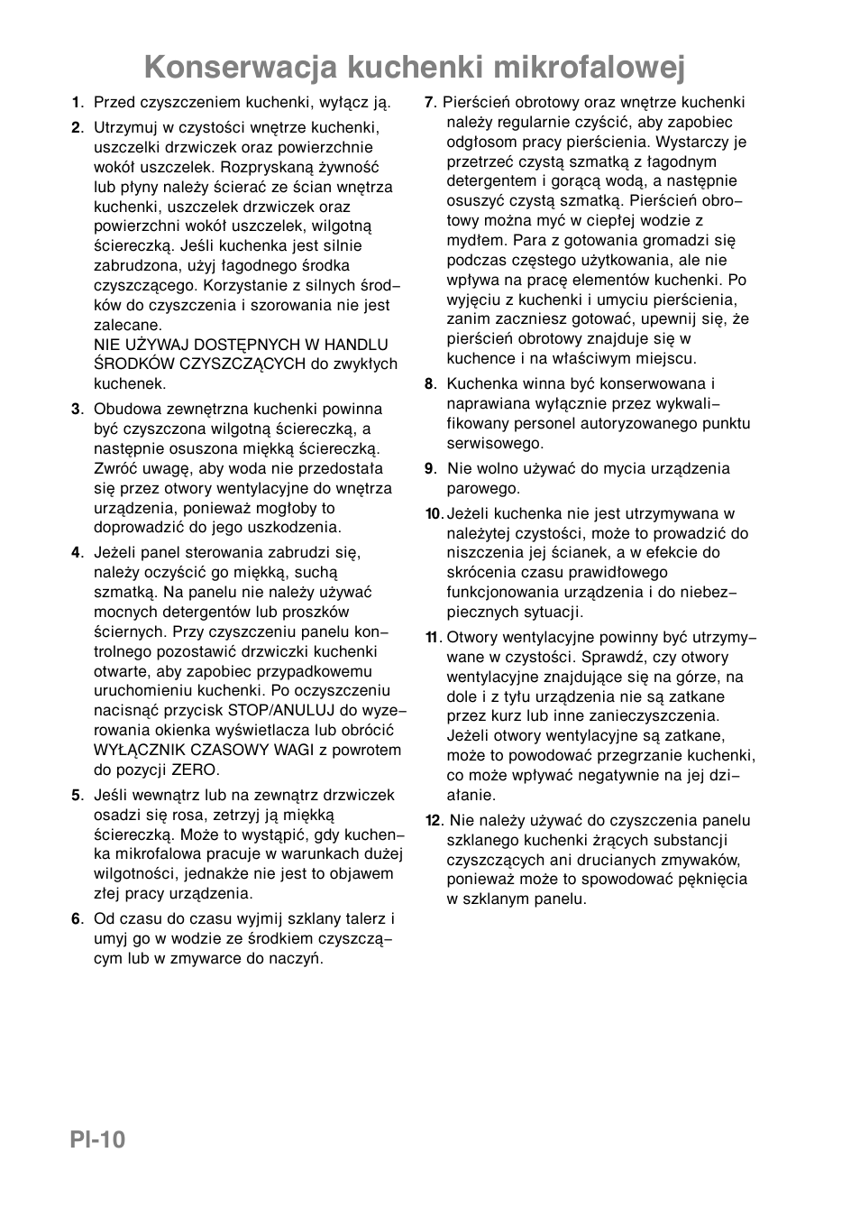 Konserwacja kuchenki mikrofalowej, Pl-10 | Panasonic NNE251 User Manual | Page 96 / 194