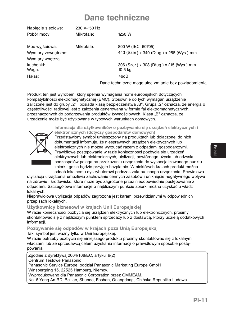 Dane techniczne, Pl-11 | Panasonic NNE251 User Manual | Page 97 / 194