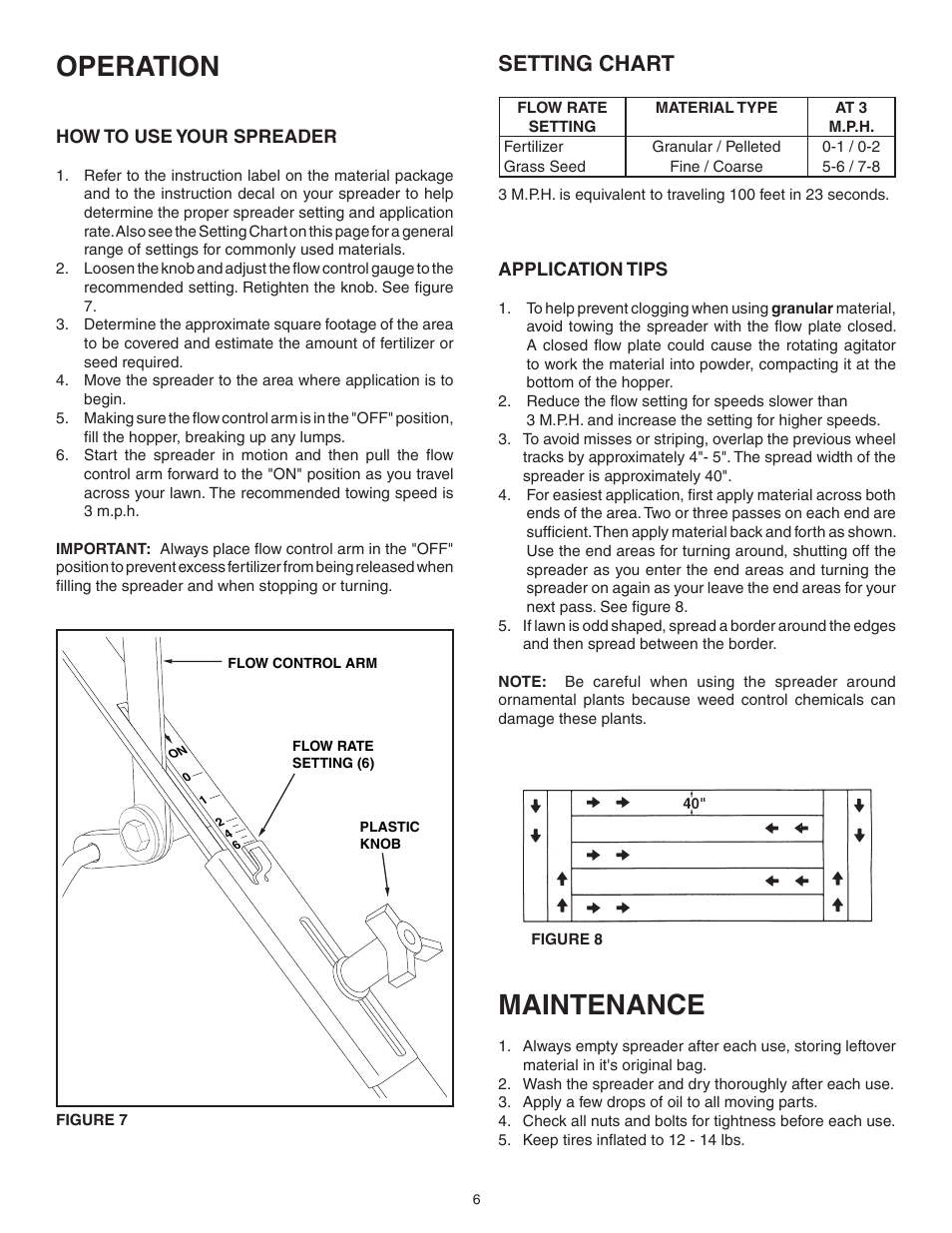 Maintenance, Operation, Setting chart | Agri-Fab 45-02882 User Manual | Page 6 / 8