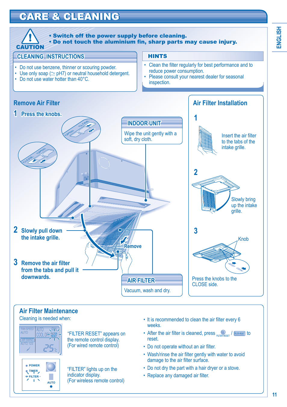 Care & cleaning, Air filter maintenance, Remove air filter air filter installation | Panasonic U10EA1E User Manual | Page 11 / 112