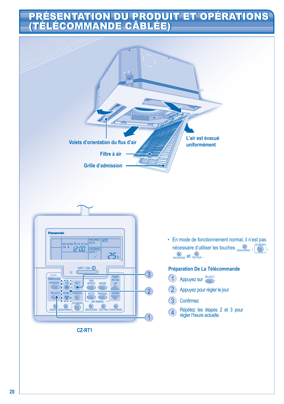 20 préparation de la télécommande, Appuyez sur, Appuyez pour régler le jour | Confi rmez | Panasonic U10EA1E User Manual | Page 20 / 112