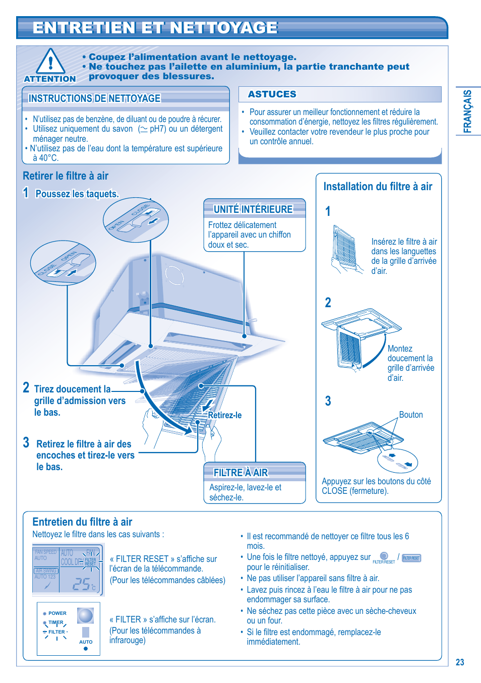 Entretien et nettoyage, Entretien du fi ltre à air, Retirer le fi ltre à air | Installation du fi ltre à air | Panasonic U10EA1E User Manual | Page 23 / 112