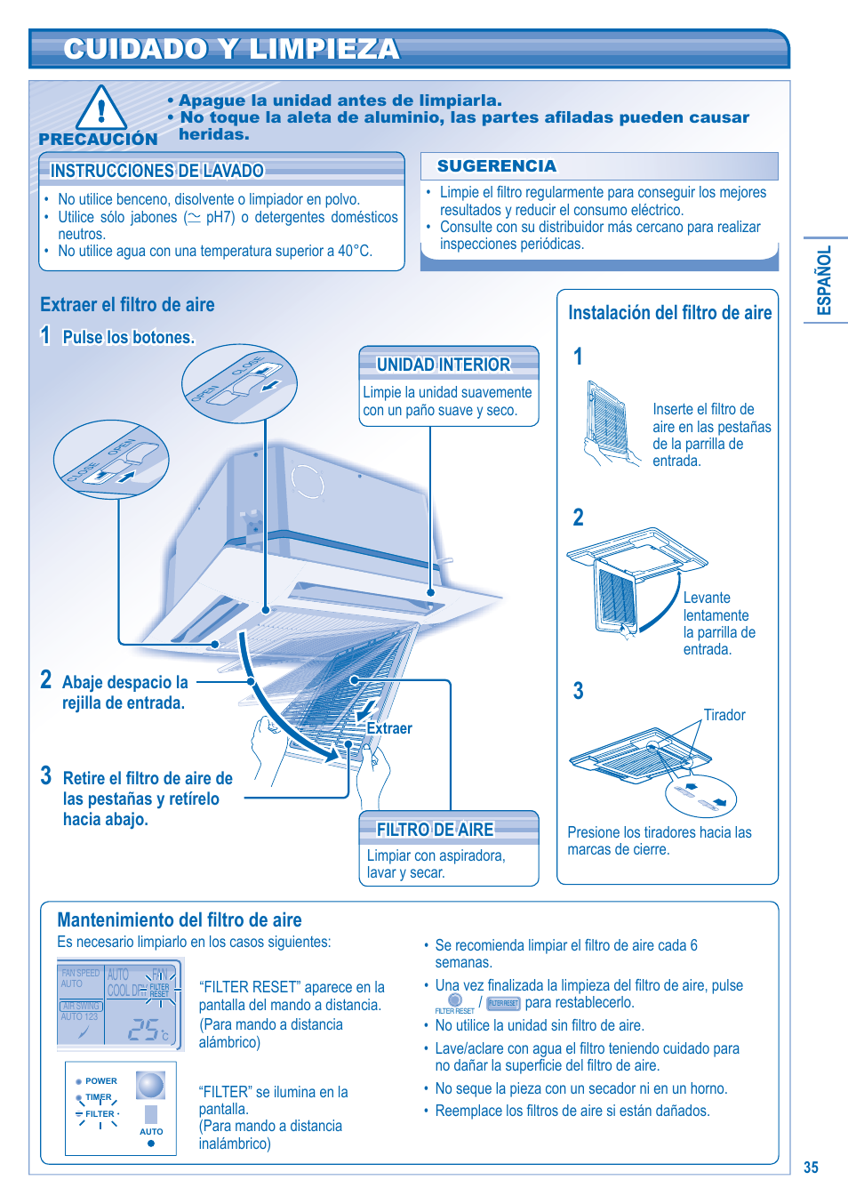 Cuidado y limpieza, Mantenimiento del fi ltro de aire, Extraer el fi ltro de aire | Instalación del fi ltro de aire | Panasonic U10EA1E User Manual | Page 35 / 112