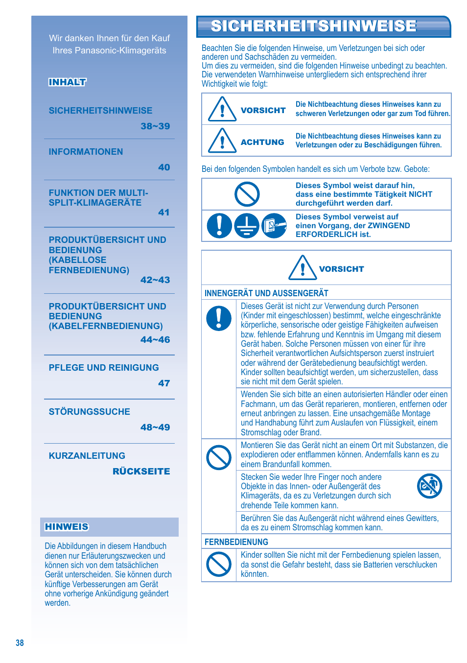 Sicherheitshinweise | Panasonic U10EA1E User Manual | Page 38 / 112