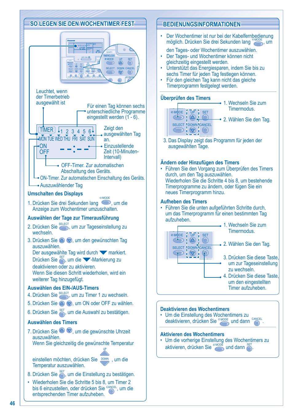 So legen sie den wochentimer fest, Bedienungsinformationen, On off timer | Um die temperatur auszuwählen. 8. drücken sie, Und dann | Panasonic U10EA1E User Manual | Page 46 / 112