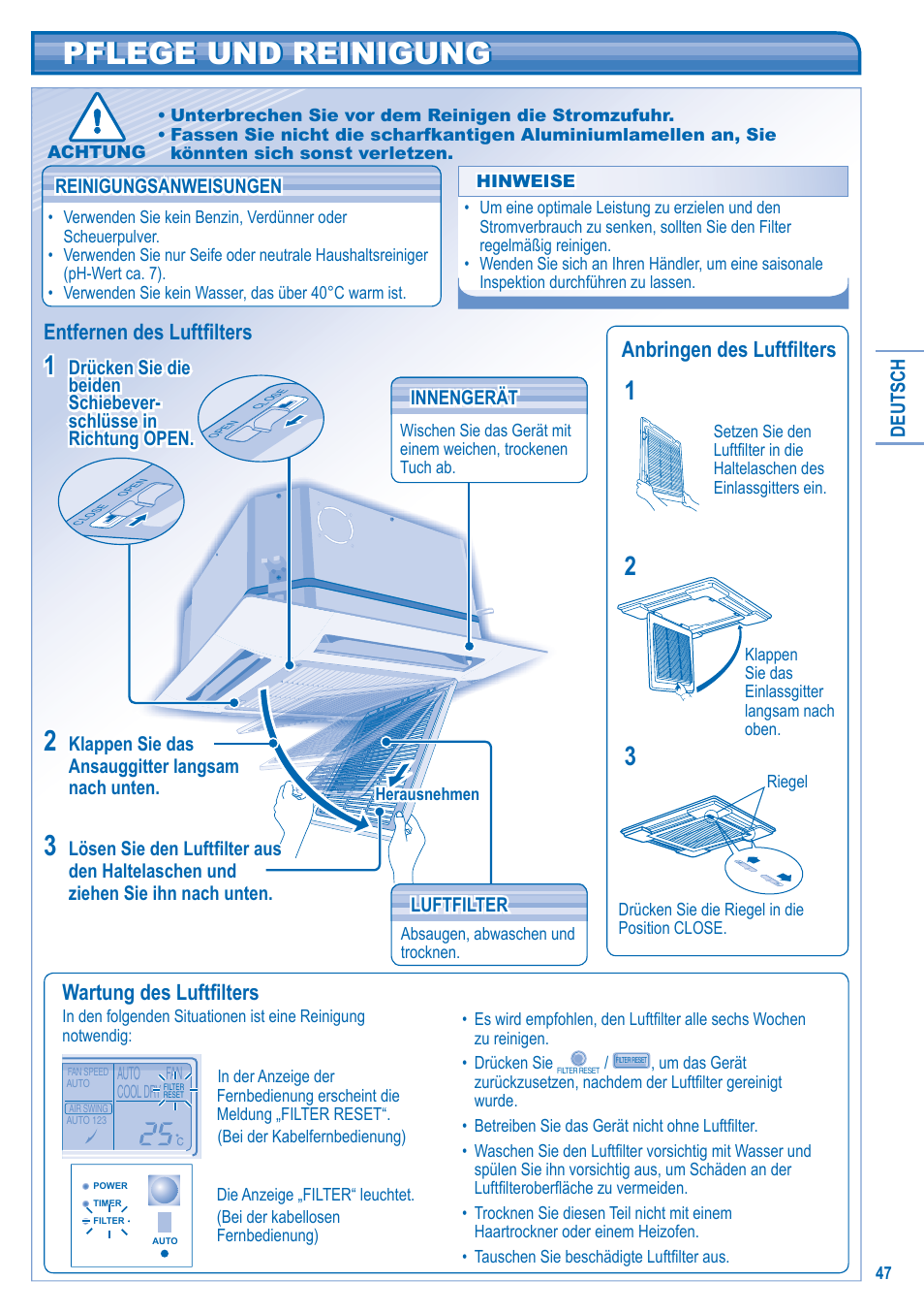 Pflege und reinigung, Wartung des luftfi lters | Panasonic U10EA1E User Manual | Page 47 / 112