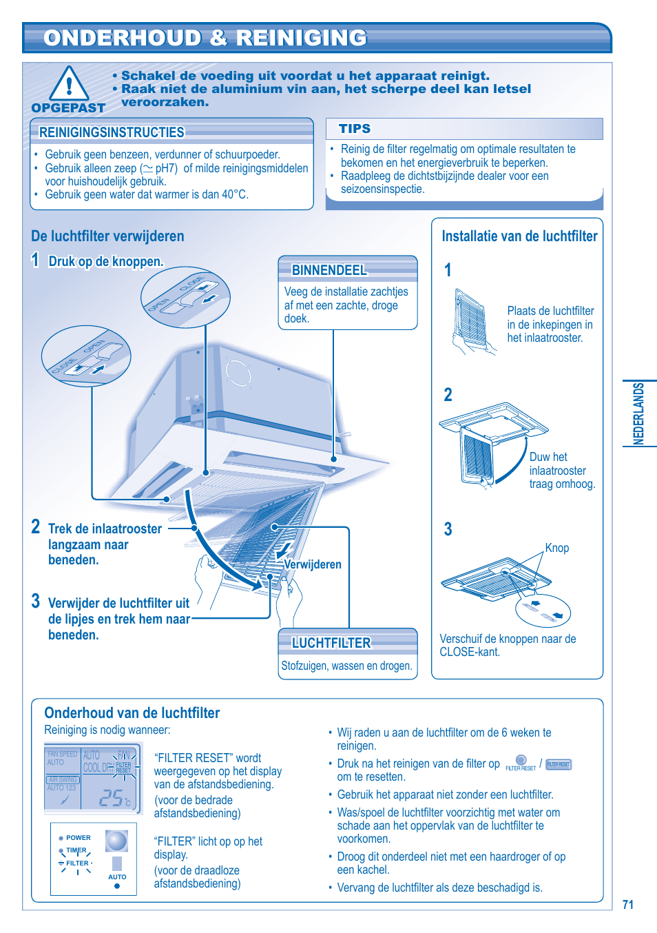 Onderhoud & reiniging, Onderhoud van de luchtfi lter | Panasonic U10EA1E User Manual | Page 71 / 112