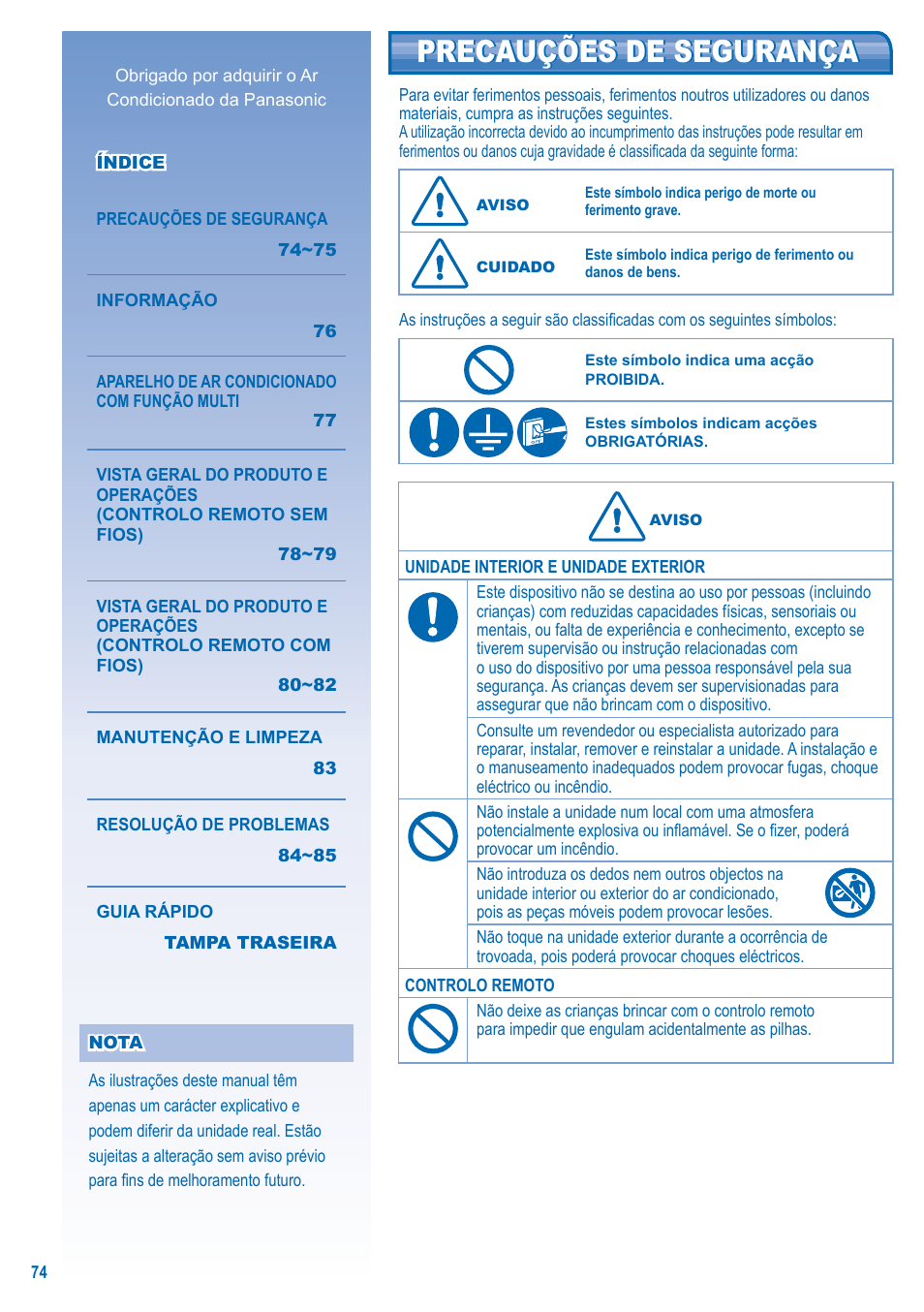 Precauções de segurança | Panasonic U10EA1E User Manual | Page 74 / 112