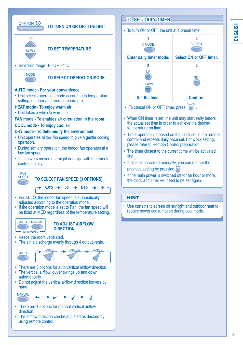 English to set daily timer to set daily timer | Panasonic U10EA1E User Manual | Page 9 / 112