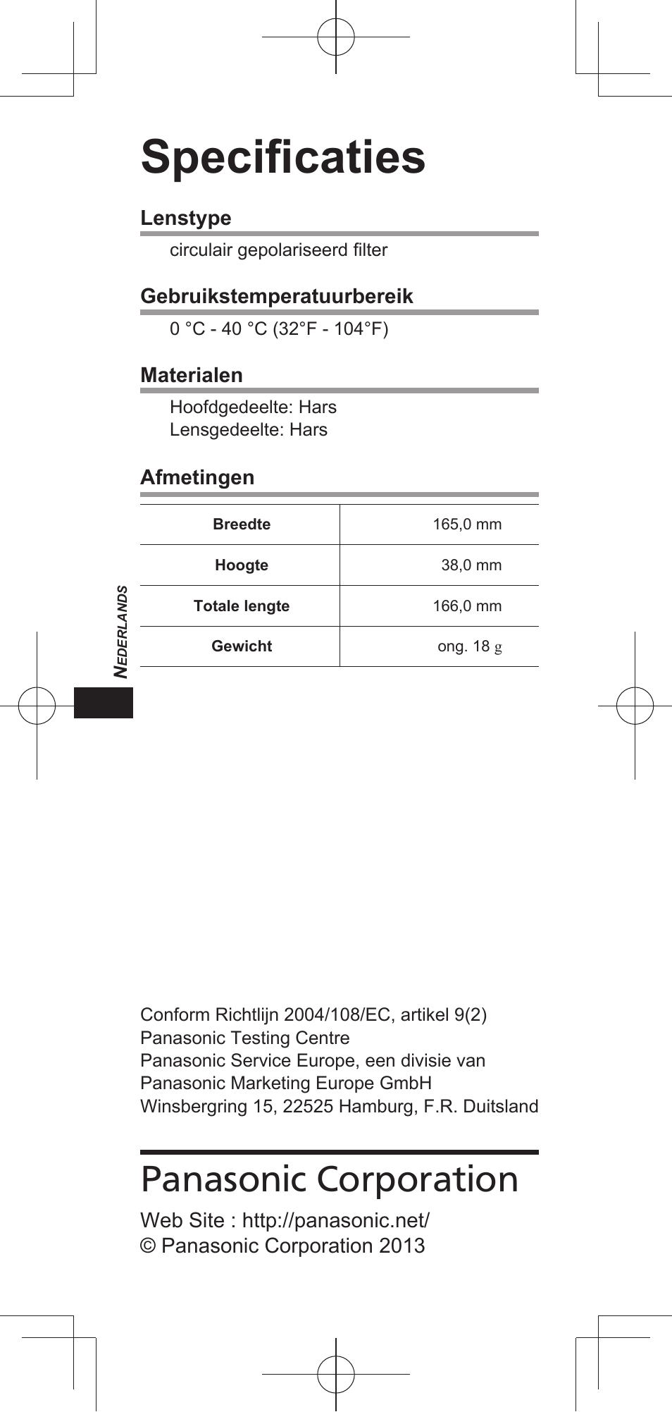 Specifi caties, Panasonic corporation | Panasonic TYEP3D20E User Manual | Page 10 / 88