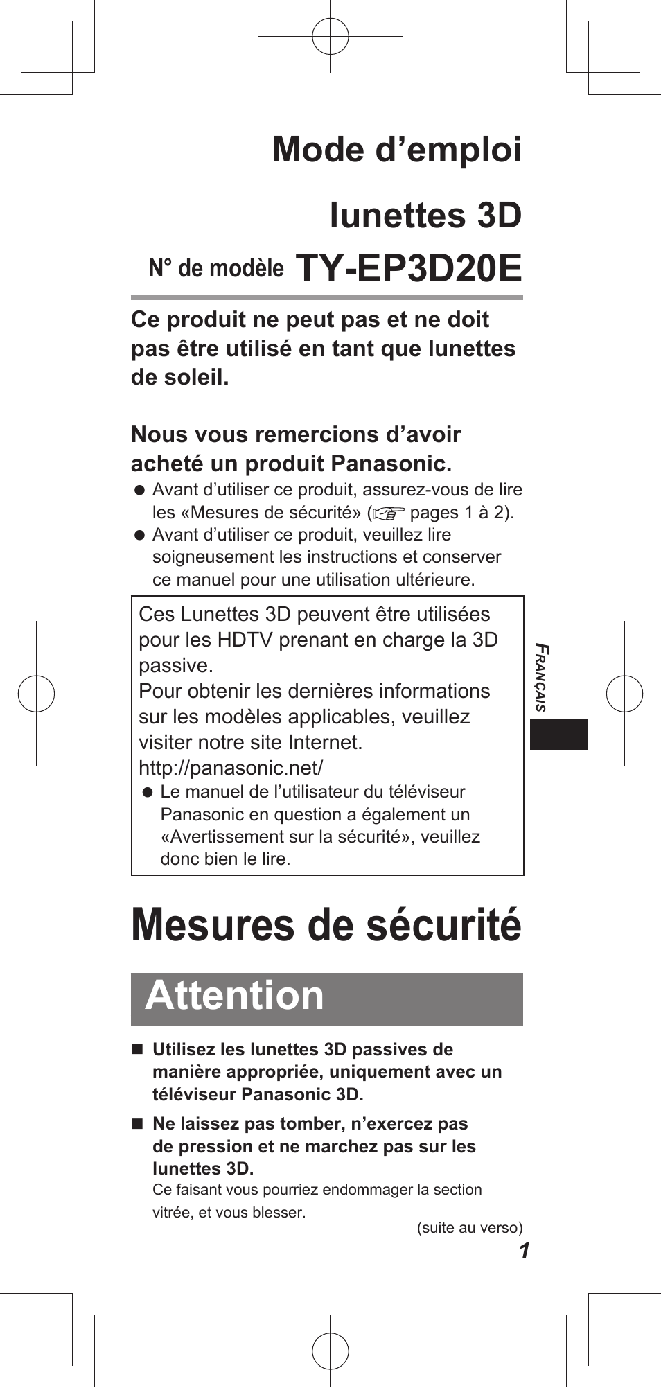 Mesures de sécurité, Attention, Ty-ep3d20e | Mode d’emploi lunettes 3d, N° de modèle | Panasonic TYEP3D20E User Manual | Page 11 / 88