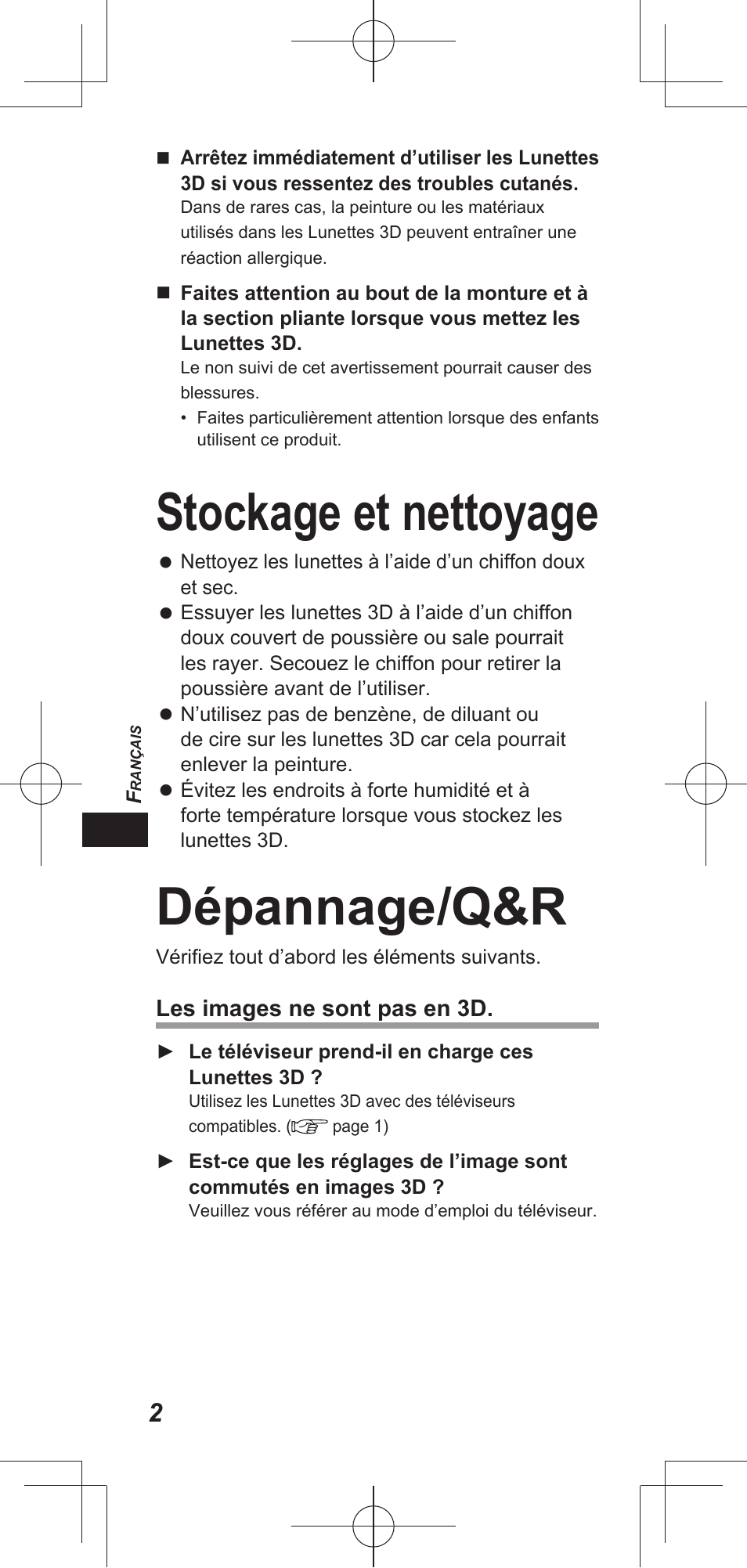 Stockage et nettoyage, Dépannage/q&r | Panasonic TYEP3D20E User Manual | Page 12 / 88