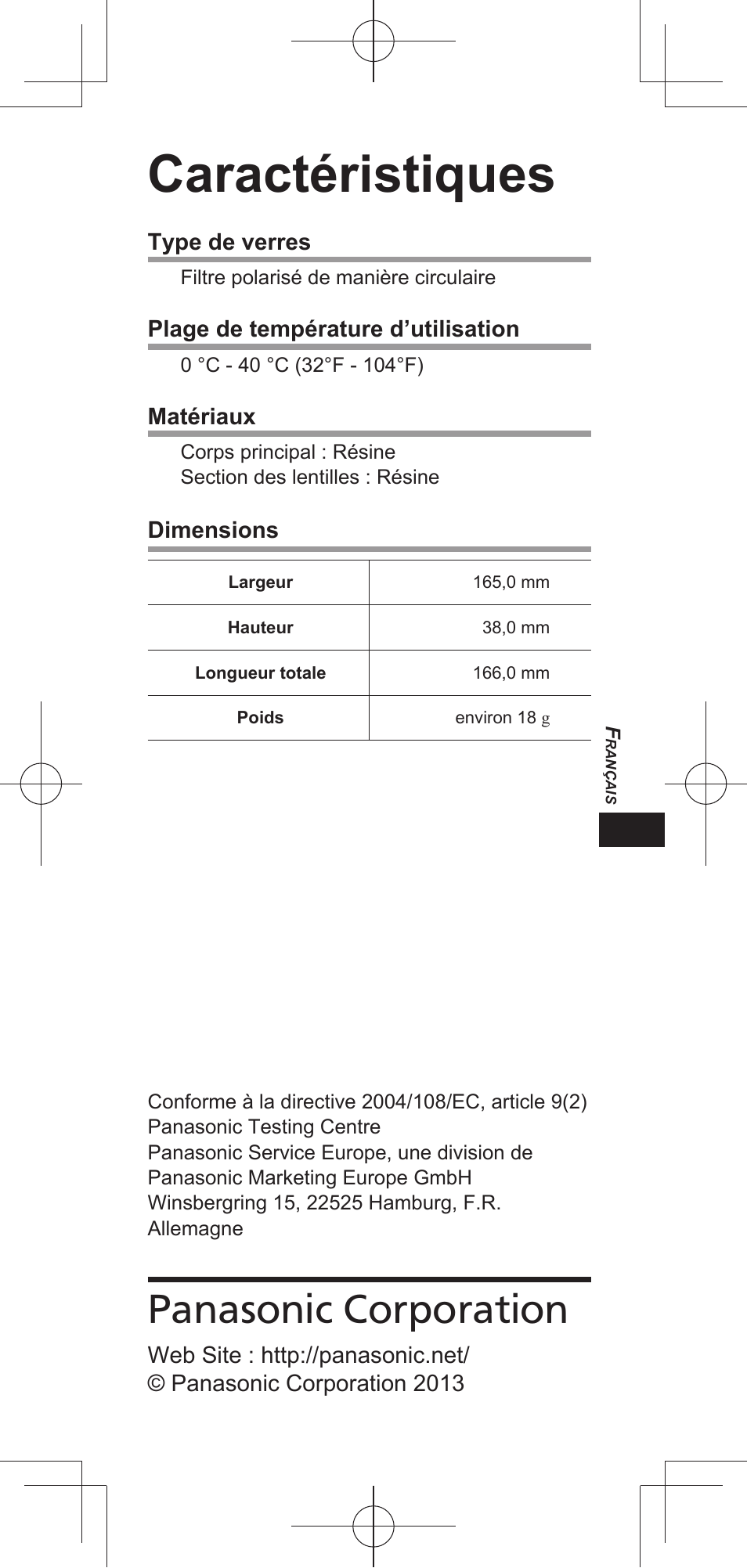 Caractéristiques, Panasonic corporation | Panasonic TYEP3D20E User Manual | Page 13 / 88