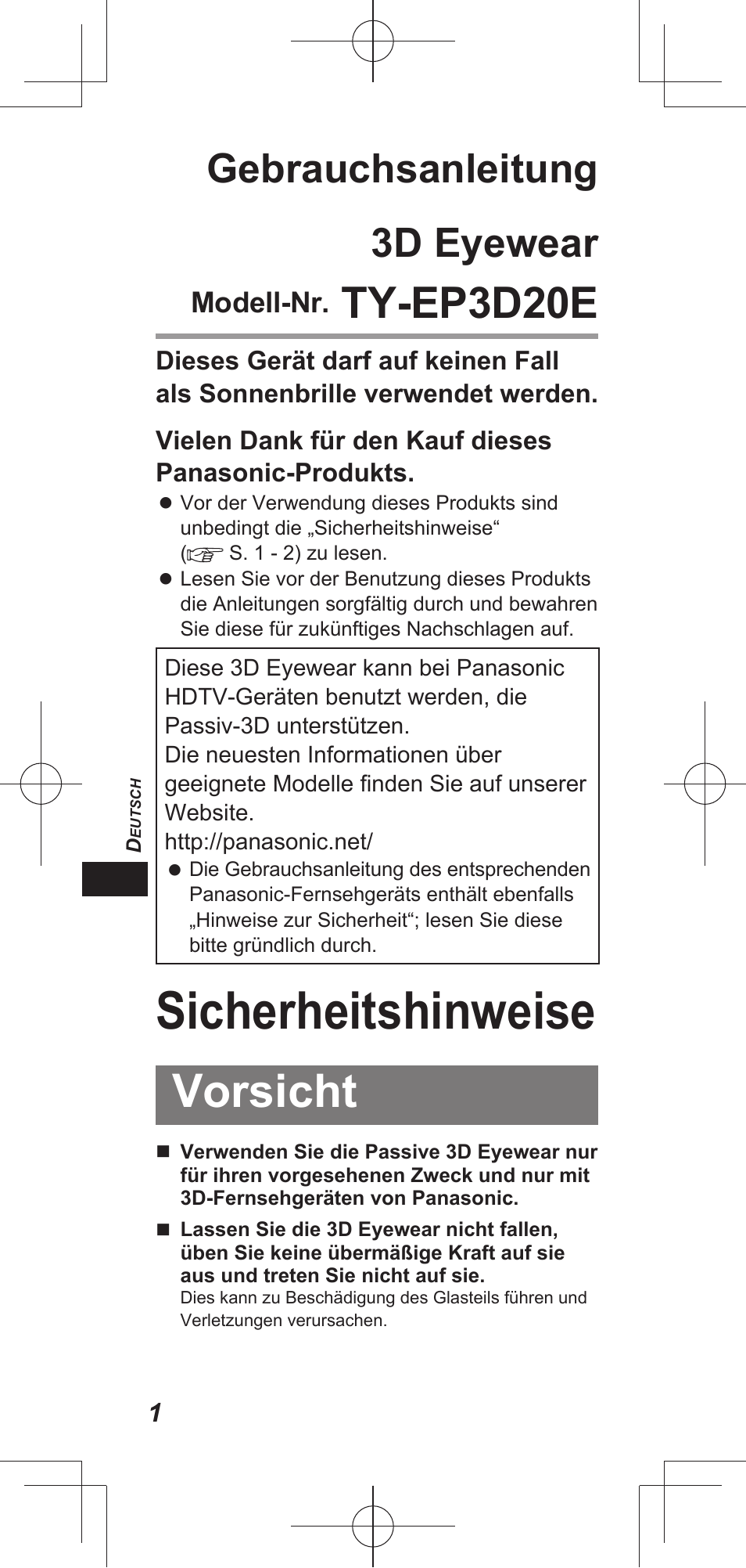 Sicherheitshinweise, Vorsicht, Ty-ep3d20e | Gebrauchsanleitung 3d eyewear, Modell-nr | Panasonic TYEP3D20E User Manual | Page 14 / 88