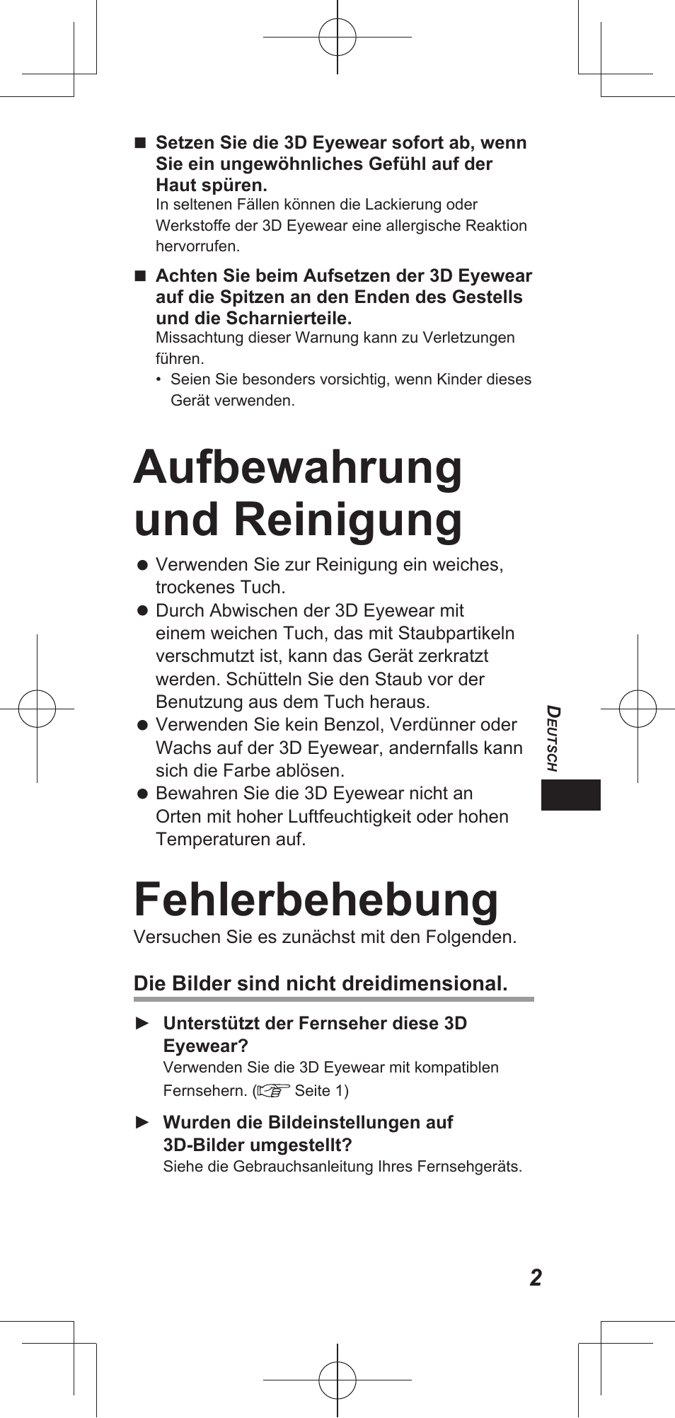 Aufbewahrung und reinigung, Fehlerbehebung | Panasonic TYEP3D20E User Manual | Page 15 / 88