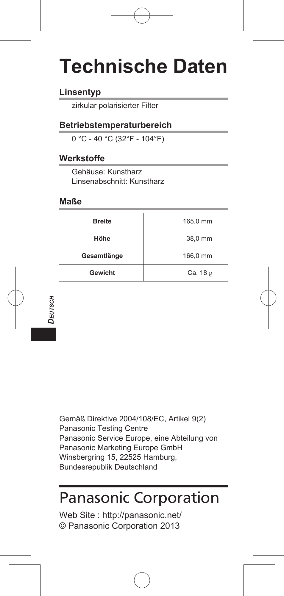 Technische daten, Panasonic corporation | Panasonic TYEP3D20E User Manual | Page 16 / 88