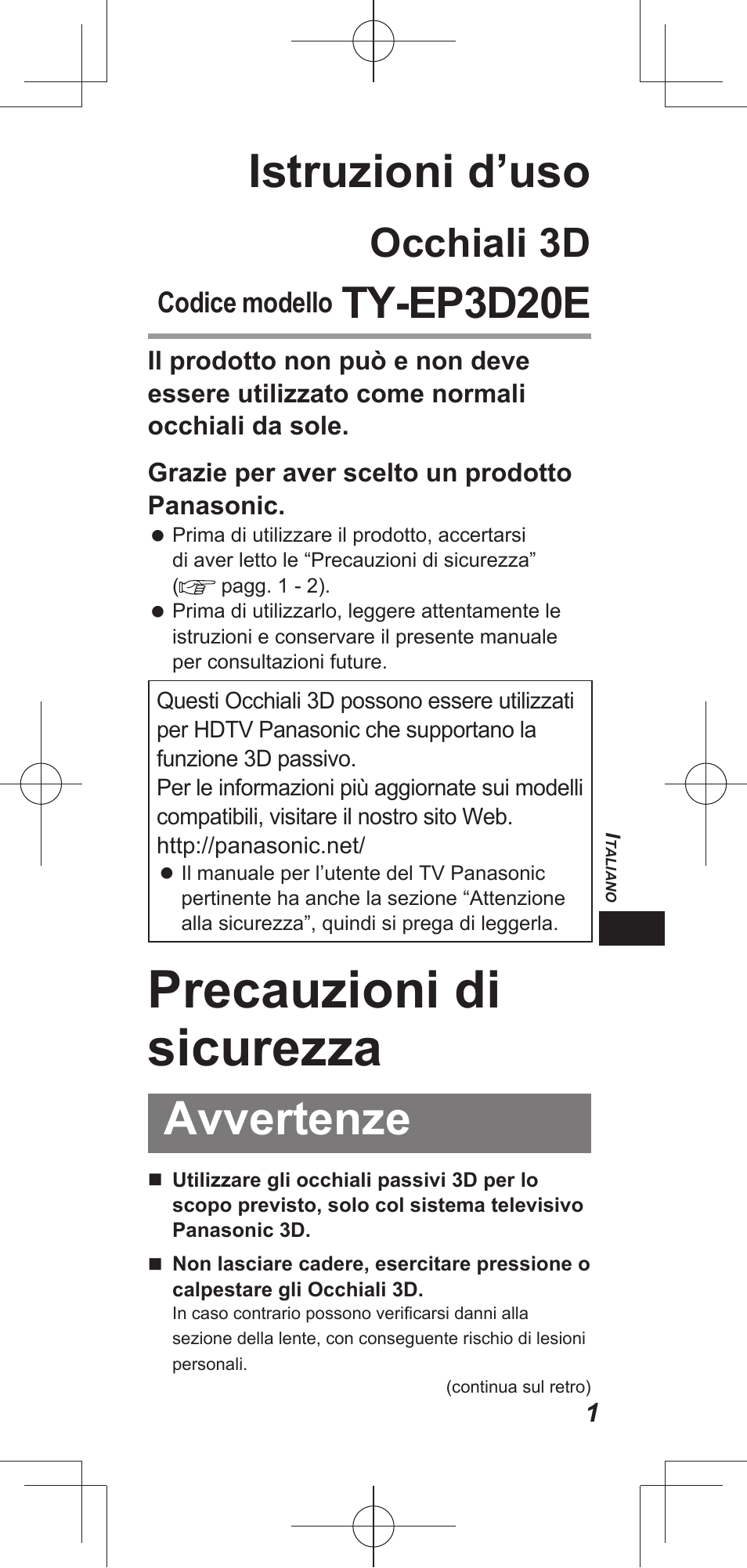 Precauzioni di sicurezza, Istruzioni d’uso, Avvertenze | Ty-ep3d20e, Occhiali 3d, Codice modello | Panasonic TYEP3D20E User Manual | Page 17 / 88