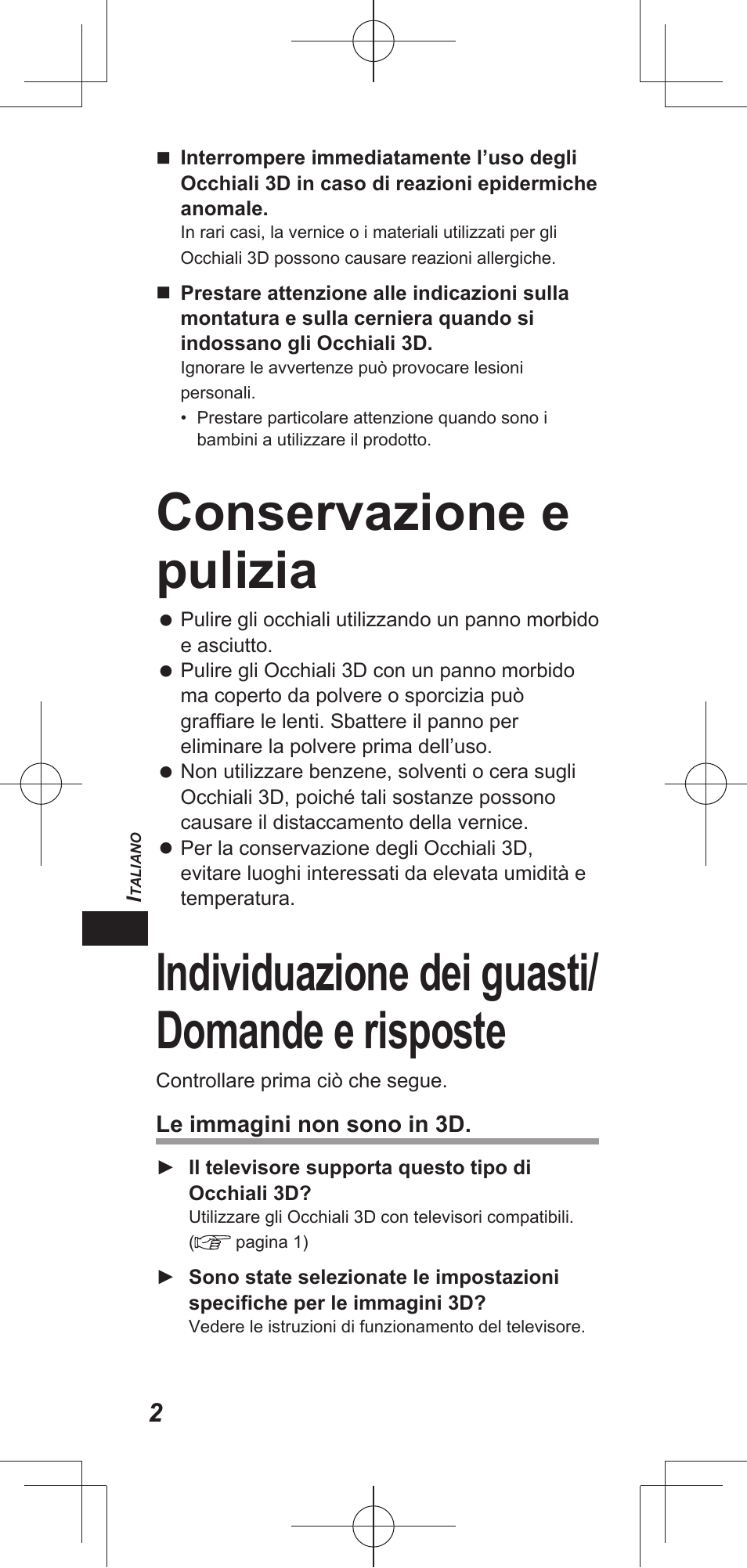 Conservazione e pulizia, Individuazione dei guasti/ domande e risposte | Panasonic TYEP3D20E User Manual | Page 18 / 88