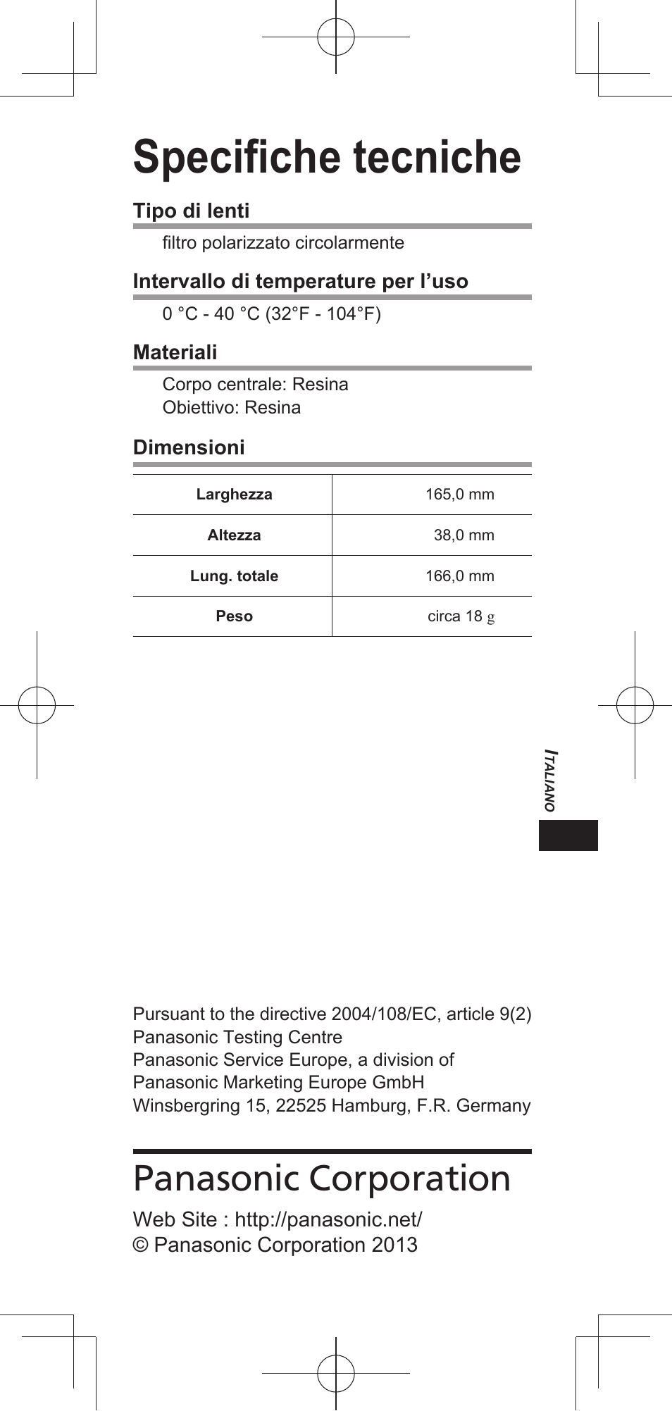 Specifi che tecniche, Panasonic corporation | Panasonic TYEP3D20E User Manual | Page 19 / 88