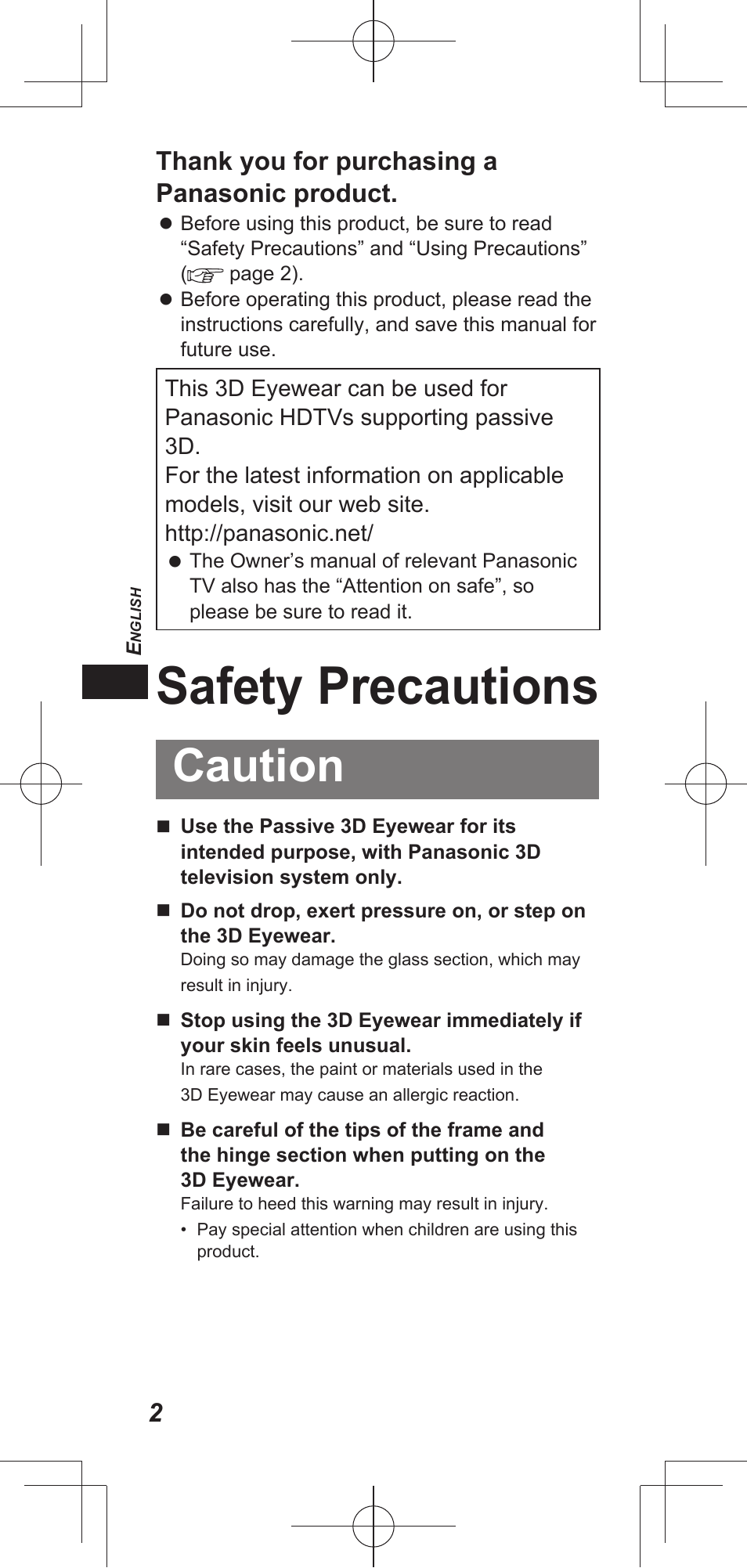 Safety precautions, Caution | Panasonic TYEP3D20E User Manual | Page 2 / 88