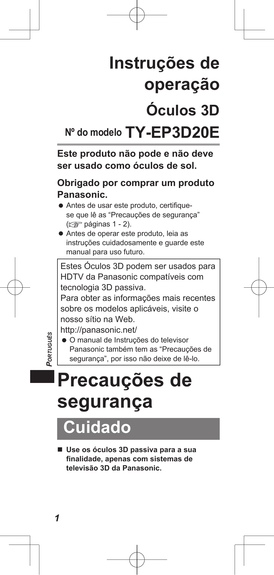 Precauções de segurança, Instruções de operação, Cuidado | Ty-ep3d20e, Óculos 3d | Panasonic TYEP3D20E User Manual | Page 24 / 88