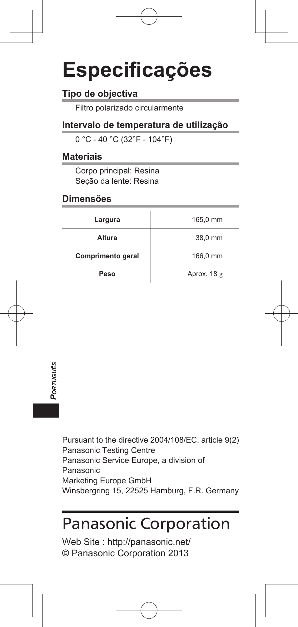 Especifi cações, Panasonic corporation | Panasonic TYEP3D20E User Manual | Page 26 / 88