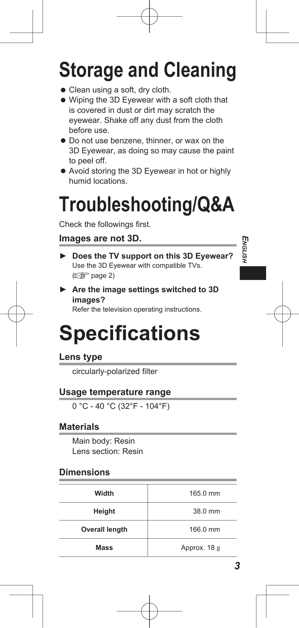 Storage and cleaning, Troubleshooting/q&a, Specifi cations | Panasonic TYEP3D20E User Manual | Page 3 / 88