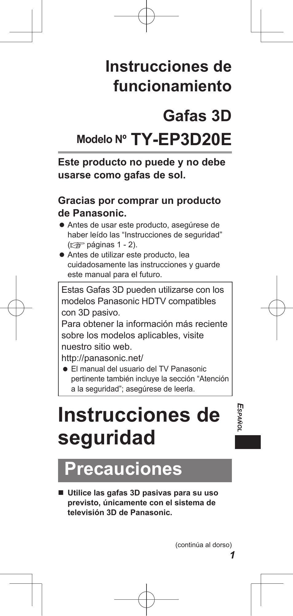 Instrucciones de seguridad, Precauciones, Ty-ep3d20e | Instrucciones de funcionamiento gafas 3d | Panasonic TYEP3D20E User Manual | Page 31 / 88