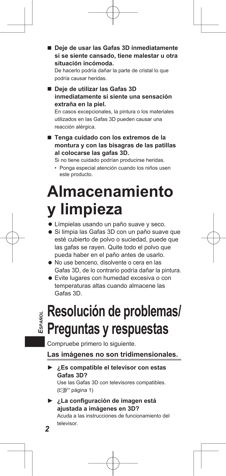 Almacenamiento y limpieza, Resolución de problemas/ preguntas y respuestas | Panasonic TYEP3D20E User Manual | Page 32 / 88