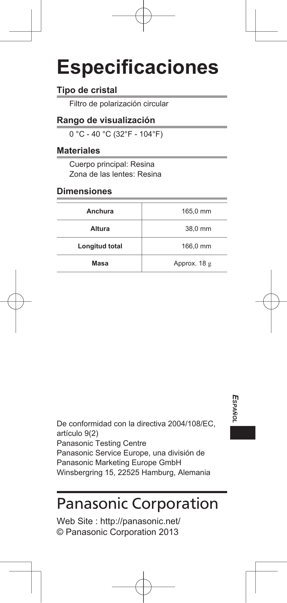 Especifi caciones, Panasonic corporation | Panasonic TYEP3D20E User Manual | Page 33 / 88